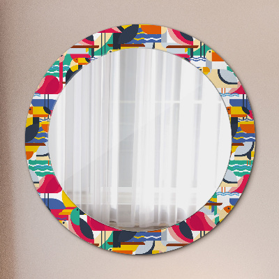 Round decorative wall mirror Geometric tropical birds