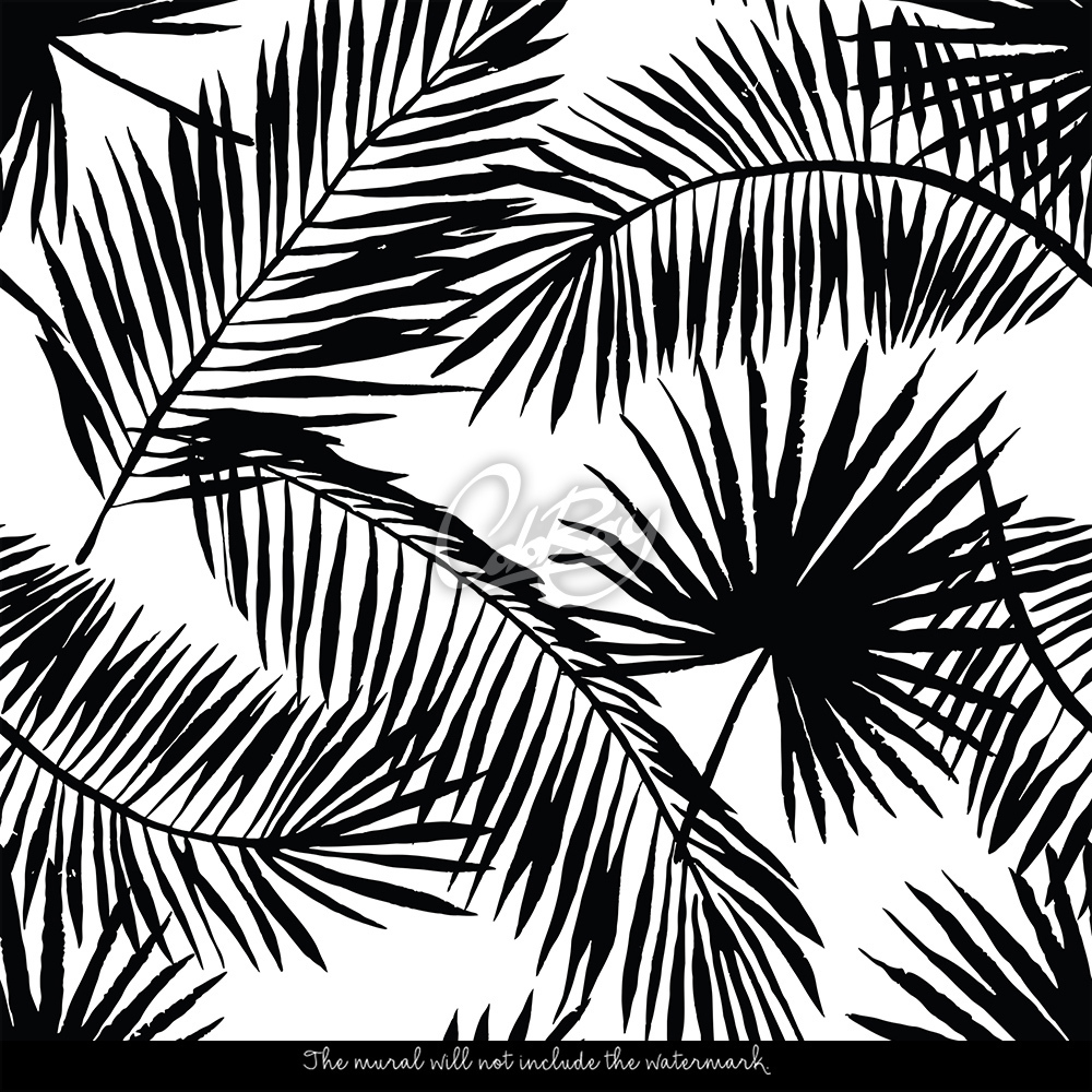 Black and White Palm Leaves Wallpaper, wall mural 