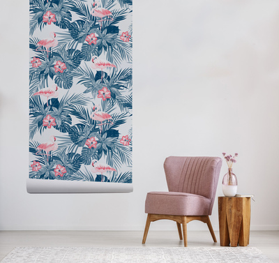 Wallpaper Flamingos In Tropical Leaves