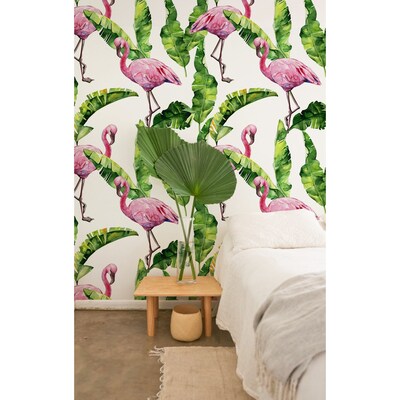 Wallpaper Flamingos Among Leaves