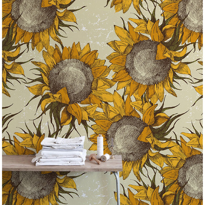 Removable Wallpaper Swatch - Sunflowers Light Blue Sunflower Painting  Yellow Botanical Impressionist Custom Pre-pasted Wallpaper by Spoonflower -  Walmart.com