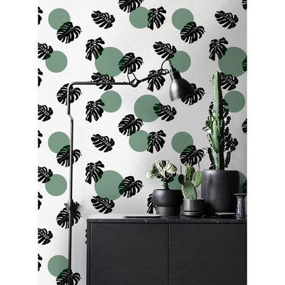 Wallpaper Monstera With Green Circles