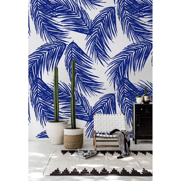 Wallpaper Dark Blue Palm Leaves
