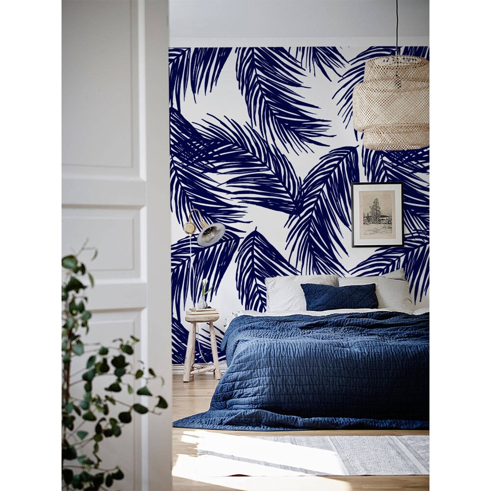 Antigua Palm Navy Blue Wallpaper Grandeco Tropical Jungle Leaf White  Textured