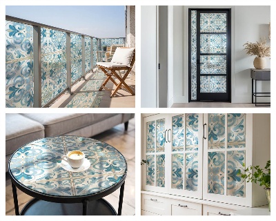 Frosted window film with stained glass pattern Floral tiles