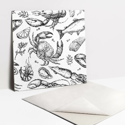 Self adhesive vinyl tiles Seafood in black and white