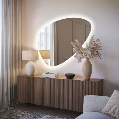 Irregular egg shaped wall mounted LED backlit mirror