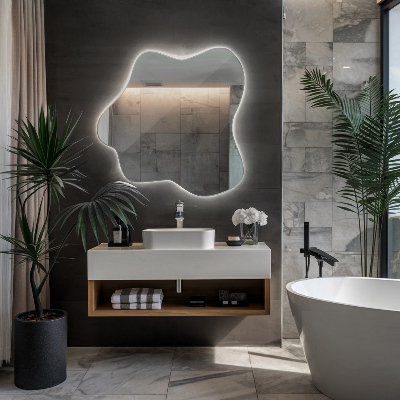 Irregular LED mirror in a splash-shaped design