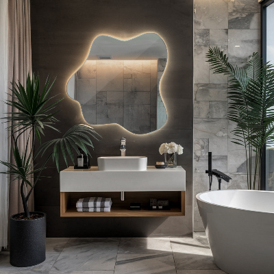 Irregular LED mirror in a splash-shaped design