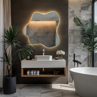 Irregular LED mirror in a splash-shaped design