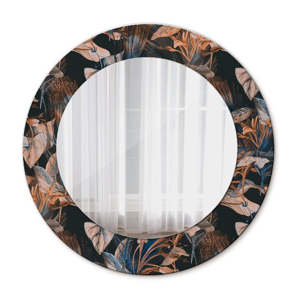 Round decorative wall mirror Dark tropical leaves