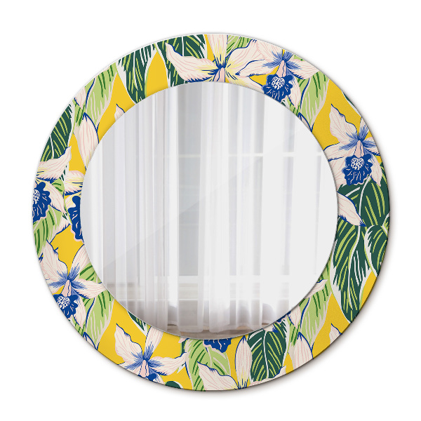 Round mirror decor Blue and yellow orchids