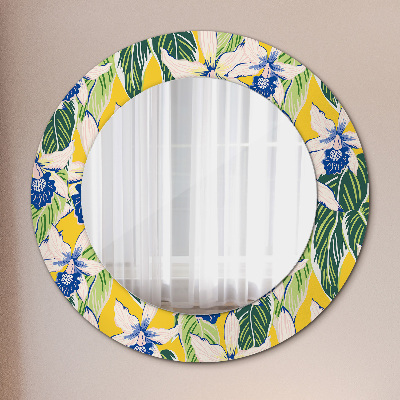 Round mirror decor Blue and yellow orchids