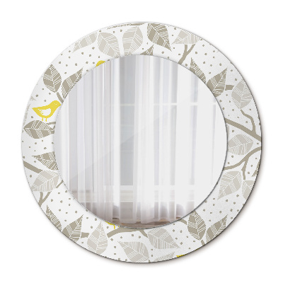 Round mirror printed frame Yellow birds on branches