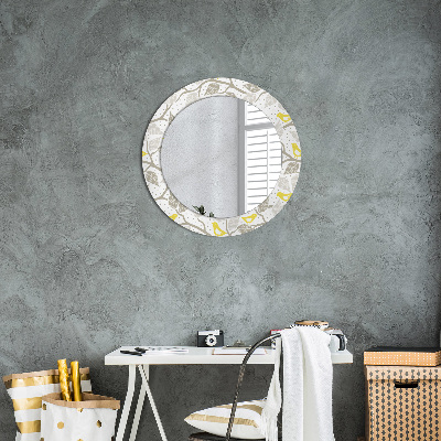 Round mirror printed frame Yellow birds on branches