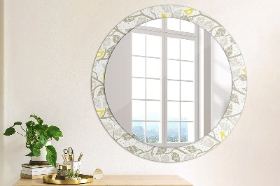 Round mirror printed frame Yellow birds on branches