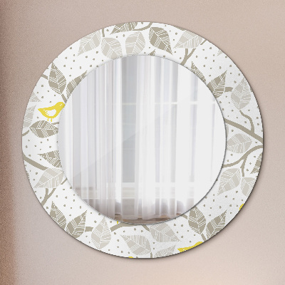 Round mirror printed frame Yellow birds on branches