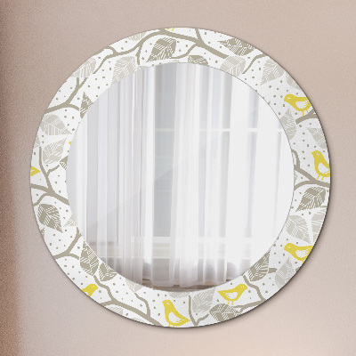 Round mirror printed frame Yellow birds on branches