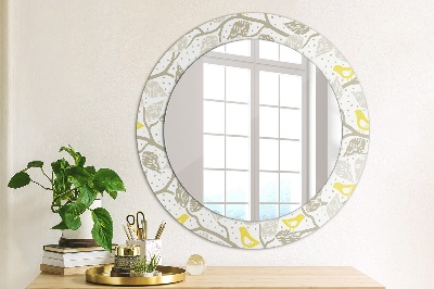 Round mirror printed frame Yellow birds on branches