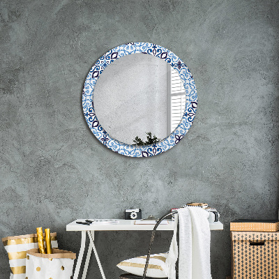 Round mirror printed frame Blue arabic pattern