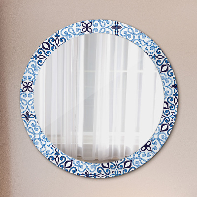 Round mirror printed frame Blue arabic pattern