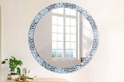 Round mirror printed frame Blue arabic pattern