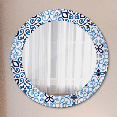 Round mirror printed frame Blue arabic pattern