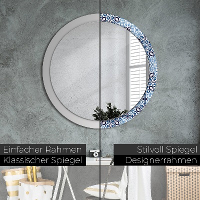 Round mirror printed frame Blue arabic pattern