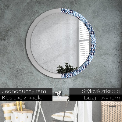 Round mirror printed frame Blue arabic pattern