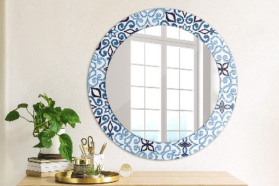 Round mirror printed frame Blue arabic pattern