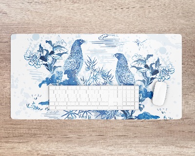 Large desk pad PVC protector Birds blue woodcut