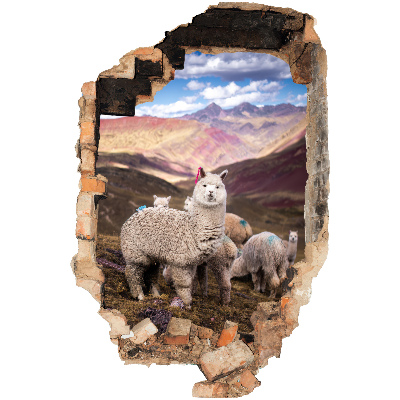 3D wall hole wallpaper 16x24 Alpacas mountains