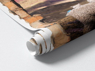 3D wall hole wallpaper 21x31 Alpacas mountains