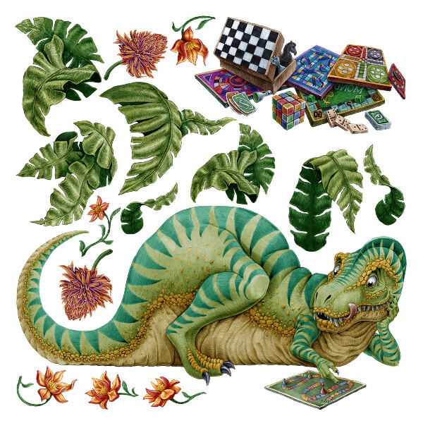 Wall sticker 100x127 Dinosaur in a cartoon style with leaves and flowers