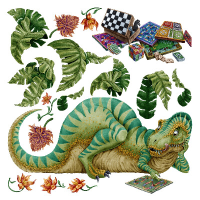 Wall sticker 100x127 Dinosaur in a cartoon style with leaves and flowers