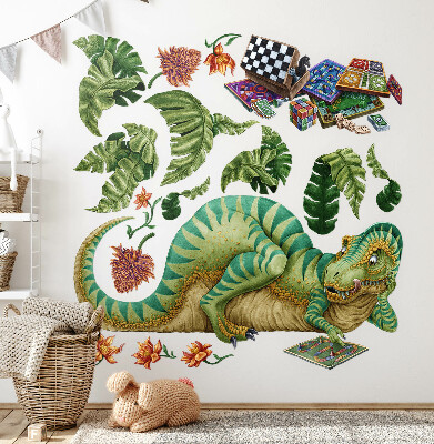 Wall sticker 100x127 Dinosaur in a cartoon style with leaves and flowers