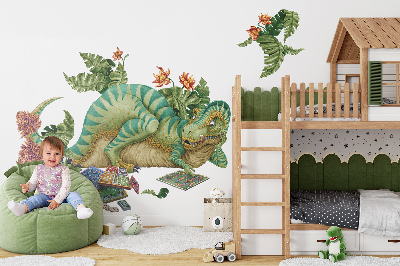 Wall sticker 100x127 Dinosaur in a cartoon style with leaves and flowers