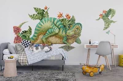 Wall sticker 100x127 Dinosaur in a cartoon style with leaves and flowers