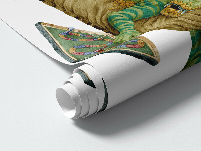 Wall sticker 100x127 Dinosaur in a cartoon style with leaves and flowers