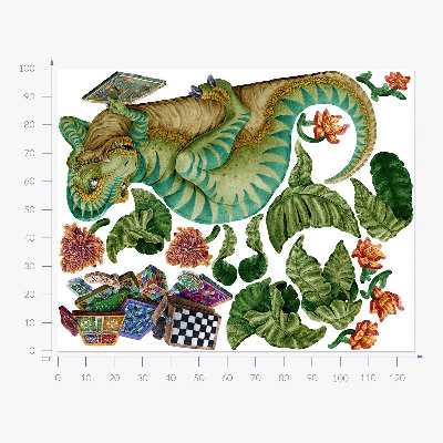Wall sticker 100x127 Dinosaur in a cartoon style with leaves and flowers