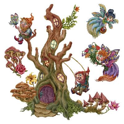 Wall sticker 100x104 Forest magic with fairies and dwarves