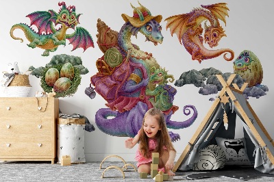 Wall sticker 100x122 Colorful dragons fairy tale family in illustrative style