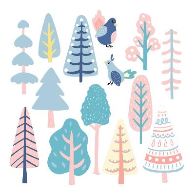 Wall sticker 100x125 Boho forest with pastel trees and birds