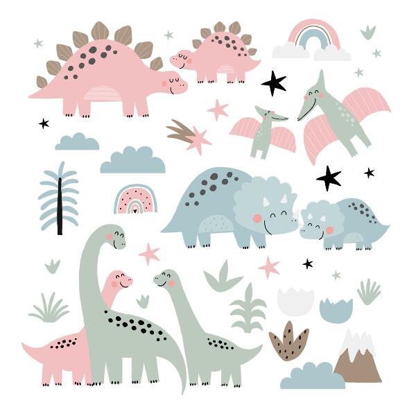 Wall sticker 100x148 Dinosaurs in pastel vegetation surroundings