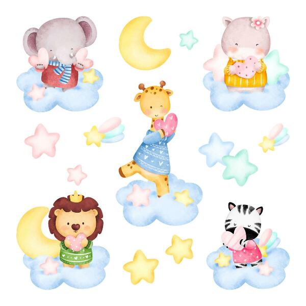 Wall sticker 100x153 Adorable animals in clouds and stars watercolor pastel