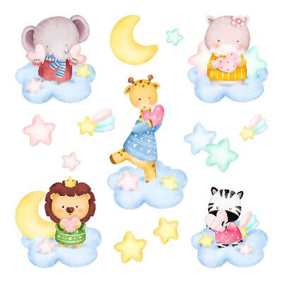 Wall sticker 100x153 Adorable animals in clouds and stars watercolor pastel