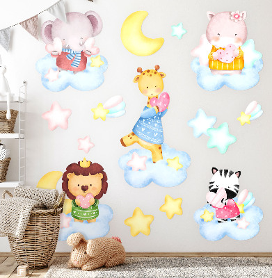 Wall sticker 100x153 Adorable animals in clouds and stars watercolor pastel