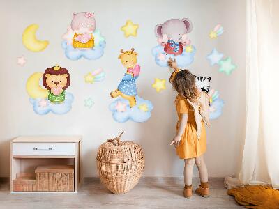 Wall sticker 100x153 Adorable animals in clouds and stars watercolor pastel