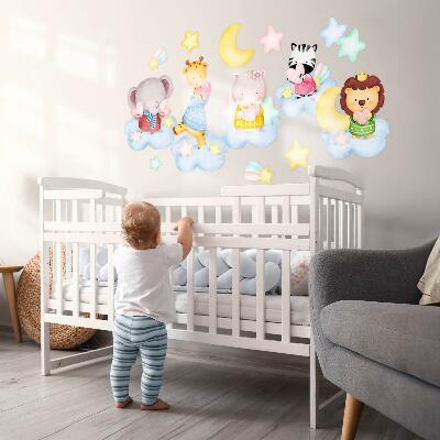 Wall sticker 100x153 Adorable animals in clouds and stars watercolor pastel