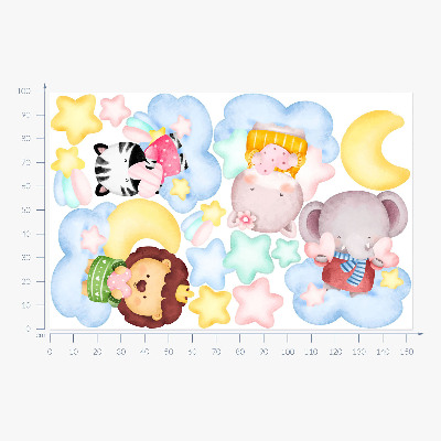 Wall sticker 100x153 Adorable animals in clouds and stars watercolor pastel